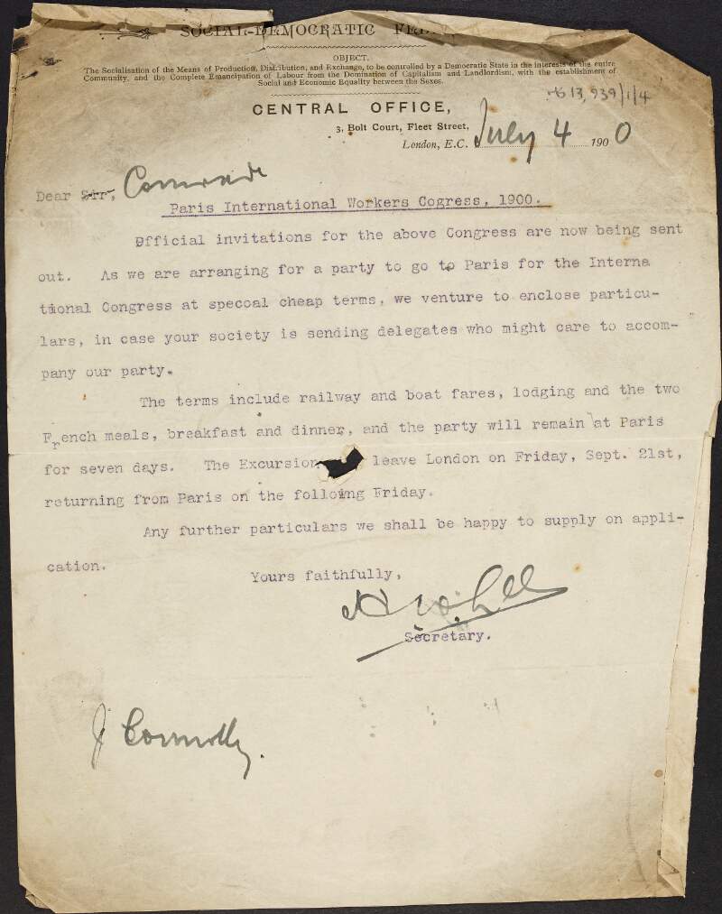 Letter from James Connolly to an unidentified recipient enclosing details of transport and accommodation packages available to delegates travelling to the International Workers Congress of 1900 in Paris,