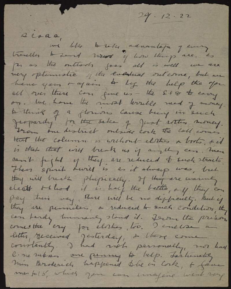 Letter from Eithne [Annie] MacSwiney to unidentified recipient appealing for money from the United States to assist Anti-Treaty soldiers and to support the Republican prisoners and their families,