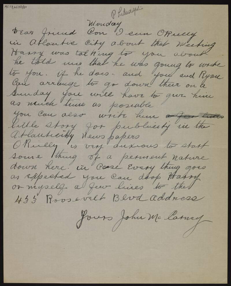 Letter from John McCarney to Cornelius F. Neenan about seeing "O'Reilly" in Atlantic City and how he is "anxious to start some thing of a permanent nature down here",
