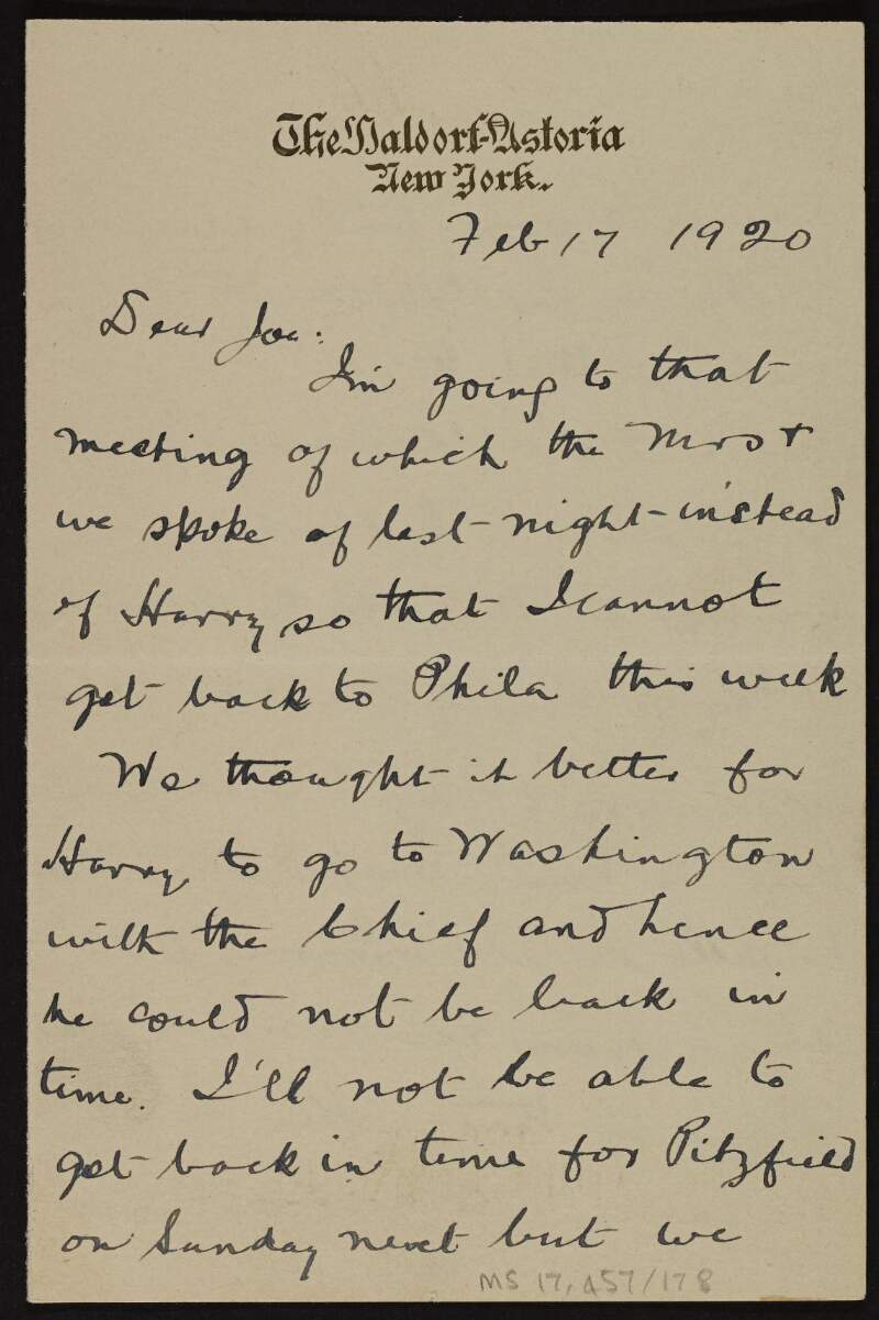 Letter from Patrick McCartan to Joseph McGarrity regarding Harry Boland and Éamon De Valera's trip to Washington,