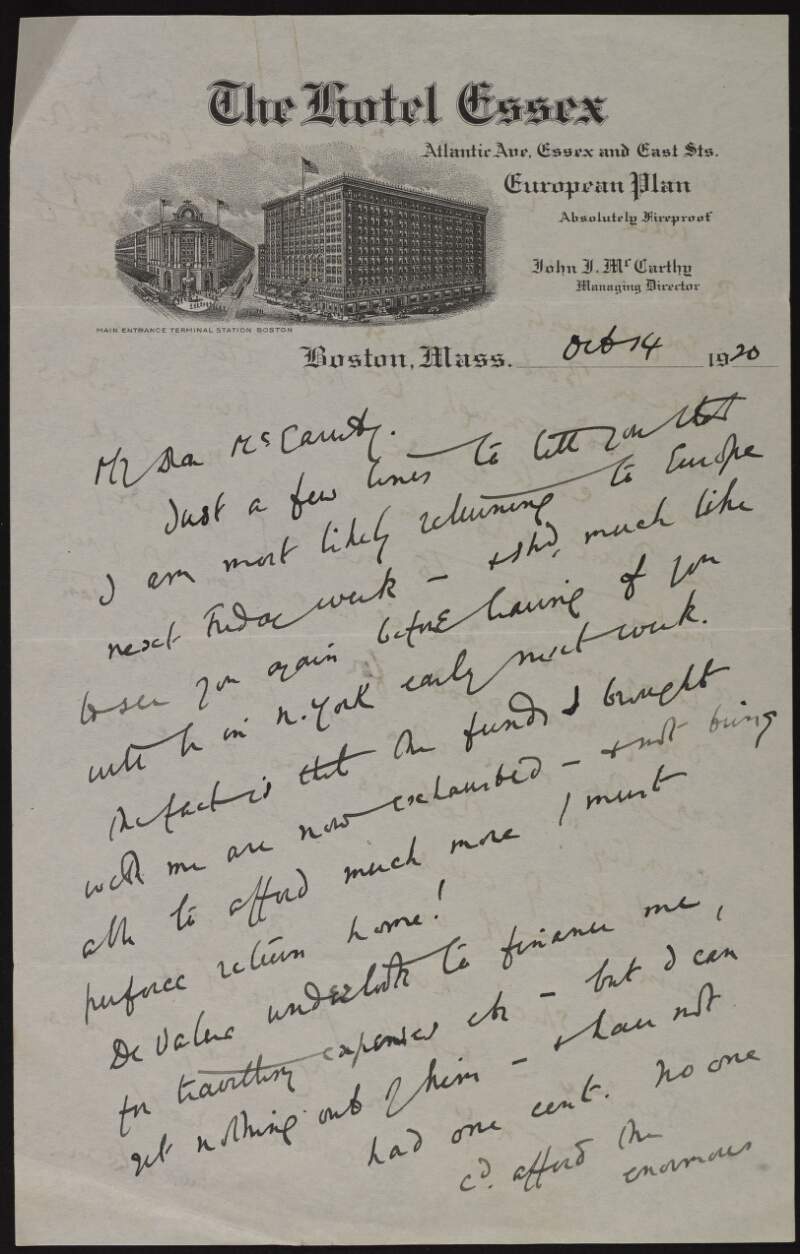 Letter from E. L. MacNaghten to Joseph McGarrity arranging to meet McGarrity before he returns to Europe, which he has to do as he has run out of funds for his talking tour in the United States,