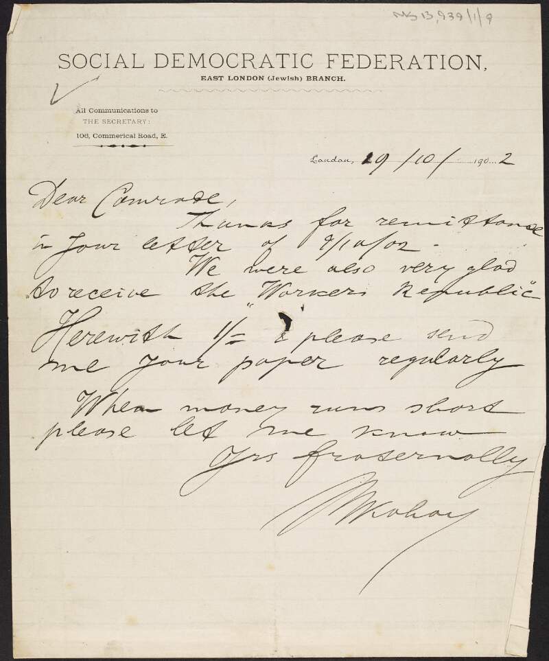 Letter [to James Connolly] from [signature unclear] thanking him for a remittance and enclosing money for a subscription to the 'Workers' Republic',