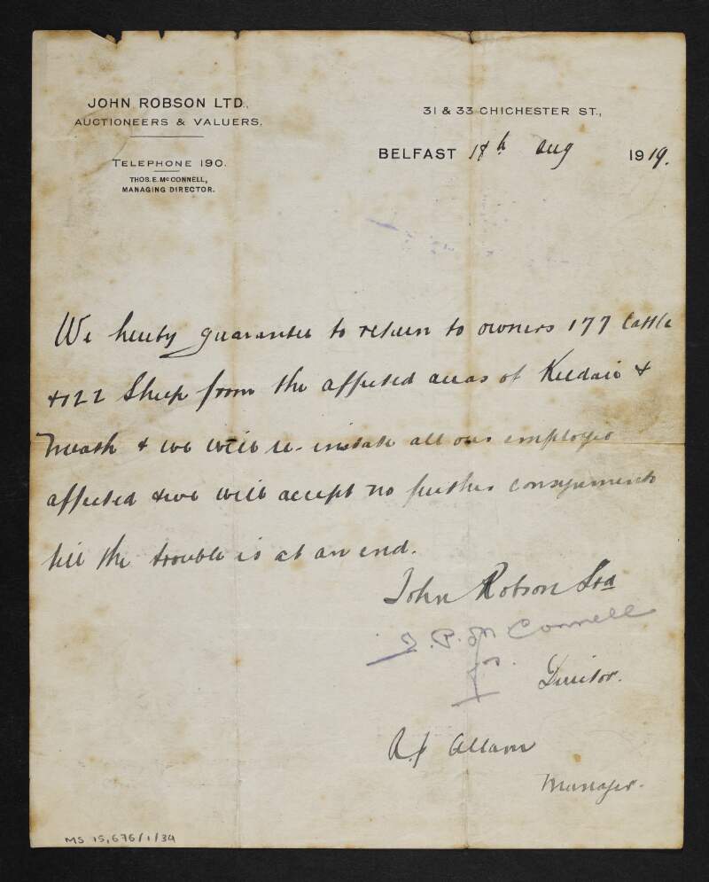 Letter from John Robson Ltd., Auctioneers and Valuers, to unidentified recipient/s noting that they will not accept any stock from the parts of Meath or Kildare affected by a labour dispute,
