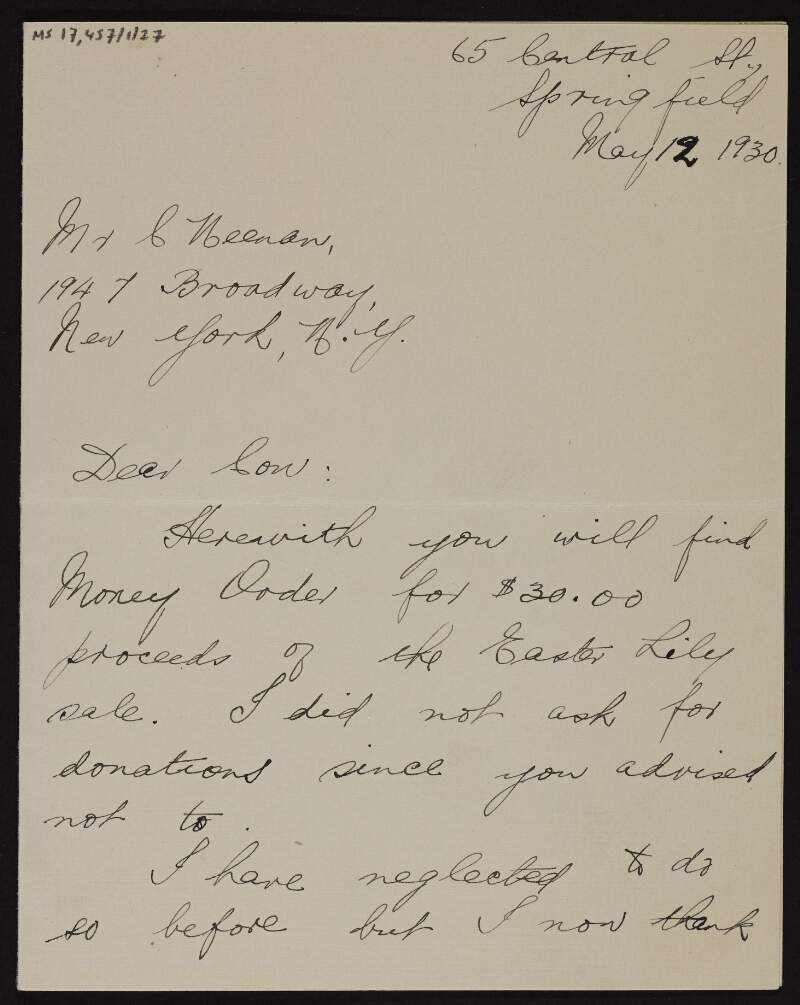 Letter from Mary Ganley to Cornelius F. Neenan with the proceeds of $30.00 of the "Easter Lily sale" [not extant] and thanking him for the talk he have to "us girls", and asking for more visits or reunions more often,