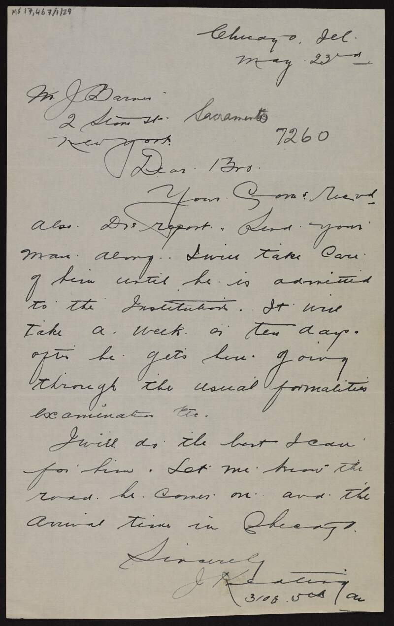 Letter from J[erry] Keating to Cornelius F. Neenan about taking care of someone before he is admitted to the Chicago Sanitorium,