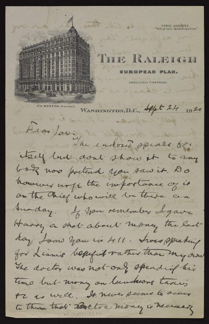 Letter from Patrick McCartan to Joseph McGarrity asking him to discuss the commissioners' expenses and the importance of publicity with Éamon De Valera, and regarding John Devoy,