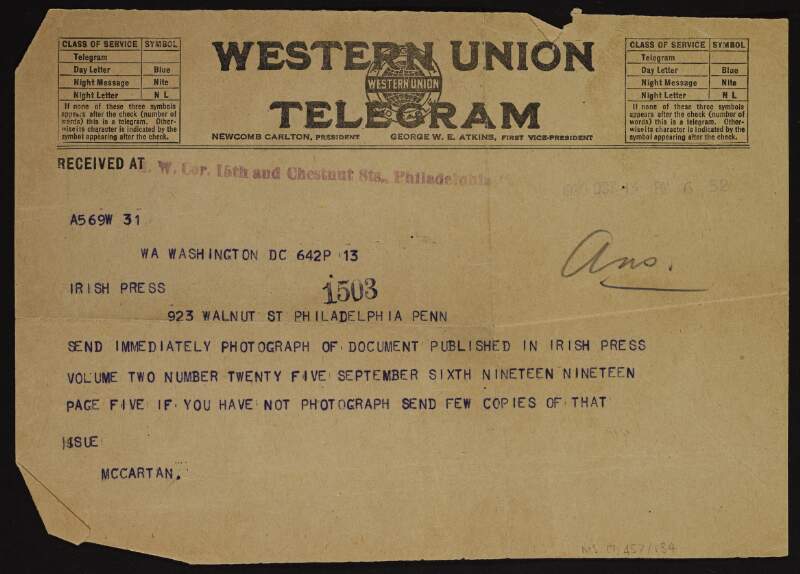 Telegram from Patrick McCartan to 'Irish Press' [Joseph McGarrity] asking him to send a photograph of a document published in a 1919 issue of the 'Irish Press',
