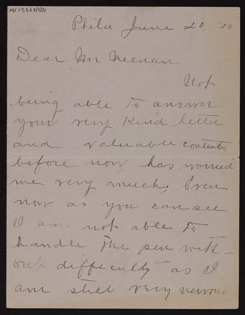 Letter from Mary T. Dillon to Cornelius F. Neenan, thanking him for the "financial assistance" in his last letter although it will not be necessary as she will be able to meet all expenses,