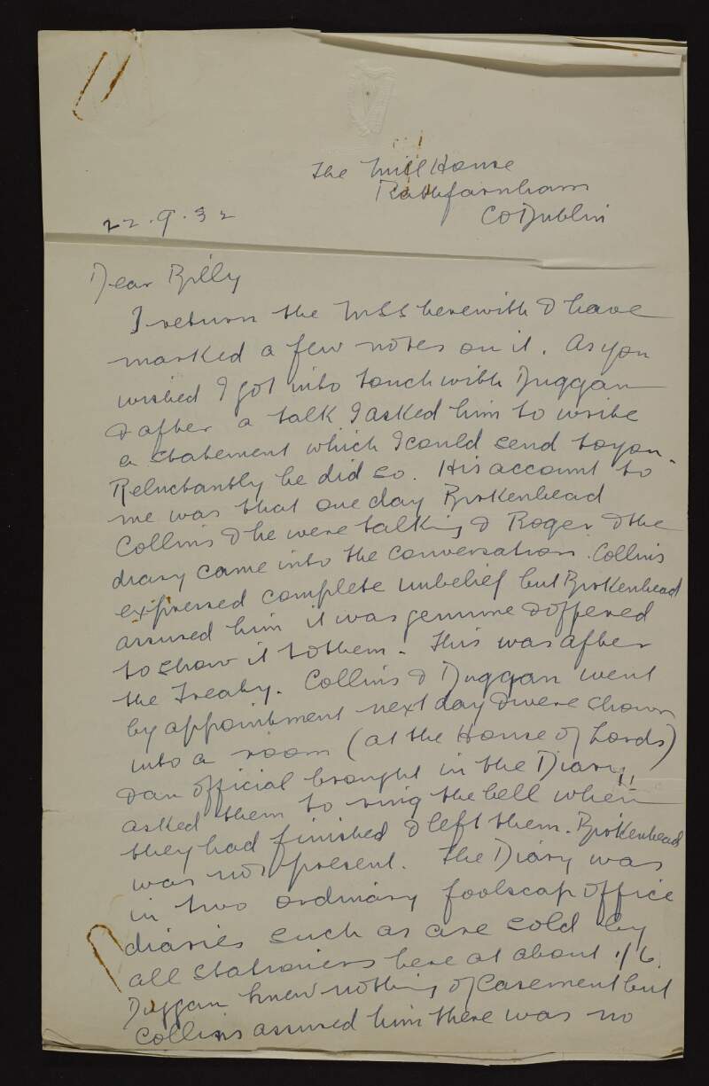 Letter from Bulmer Hobson to Dr. William J. Maloney regarding a statement given by Eamon Duggan about his [Duggan's] reading of Roger Casement's diary [Black Diary] with Michael Collins,