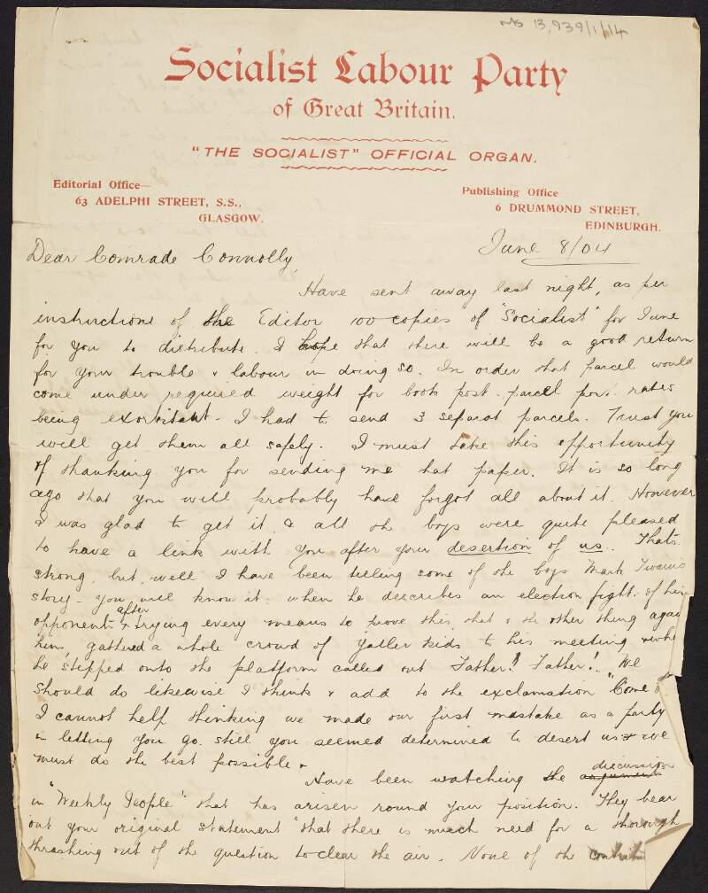 Letter to James Connolly from C. J. Geddes expressing regret that Connolly left the Socialist Labour Party of Great Britain, and about subscriptions to 'The Socialist', and Connolly's dispute with Daniel De Leon,