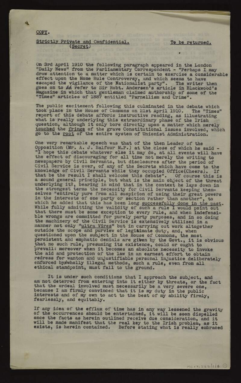 Copy of document alluding to the "Home Rule Controversy", Winston Churchill and John Redmond,