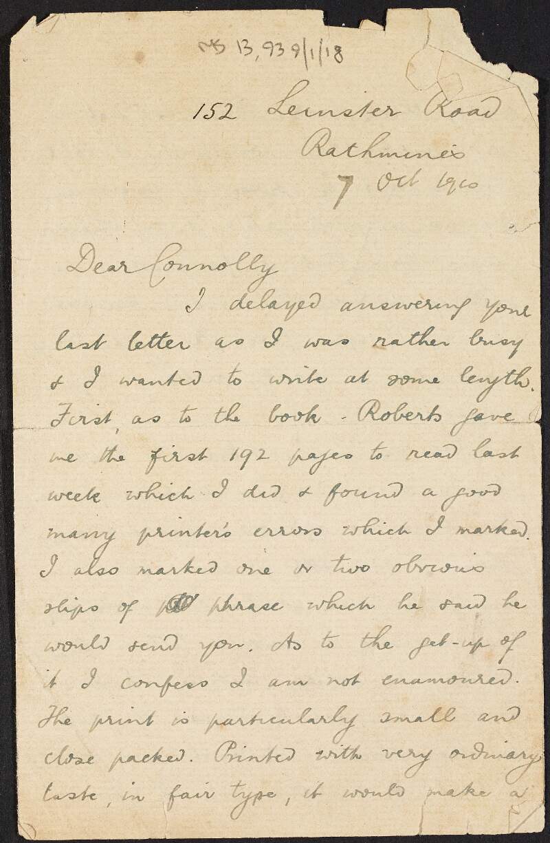 Partial letter to James Connolly [from Fred Ryan] about a book by Connolly, and the question of Connolly remaining in Ireland,