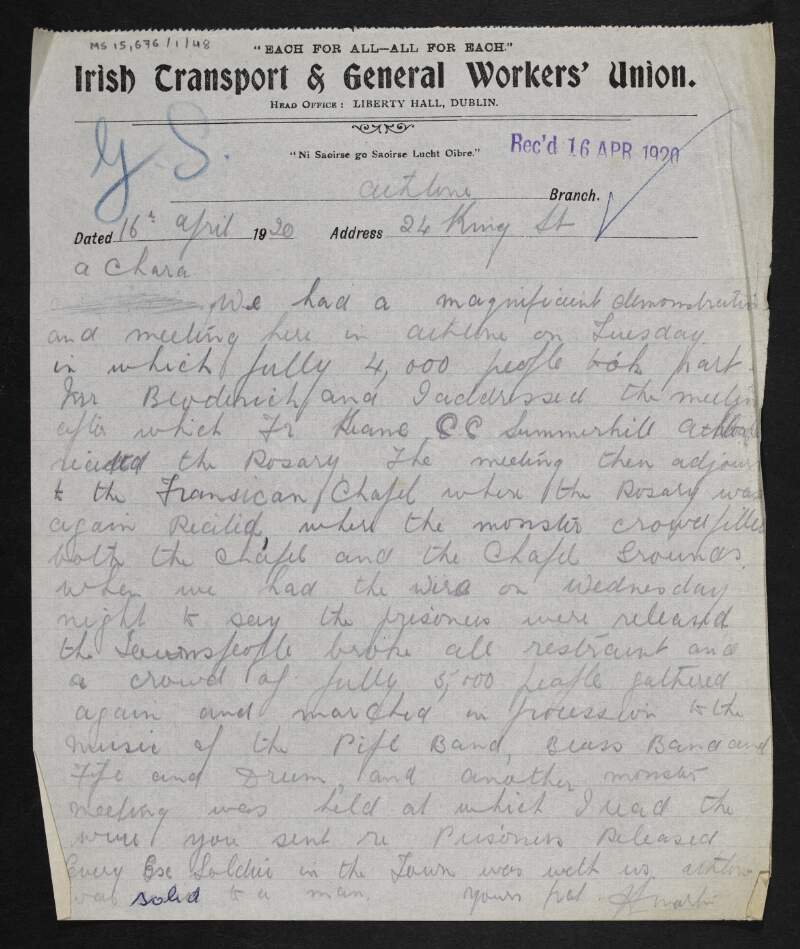 Letter from [A. Martin?] Athlone branch secretary, Irish Transport and General Workers' Union, to a fellow Union member regarding the success of the recent strike in solidarity with hunger strikers in Mountjoy Prison,