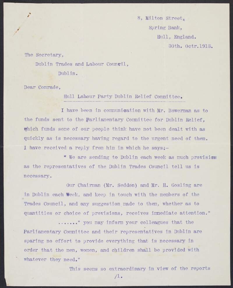 Letter from Con Shearsmith, secretary for the Hull Labour Party Dublin Relief Committee, England, to John Simmons, secretary of the Dublin Trades and Labour Council, regarding relief during the Dublin Lockout,