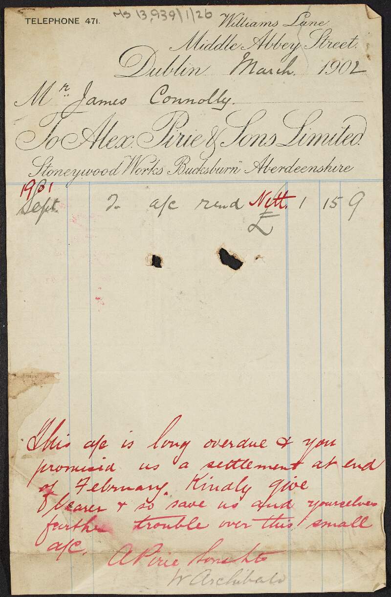 Letter to James Connolly from Alex Pirie and Sons Limited requesting payment to the bearer of an account overdue since September 1901,