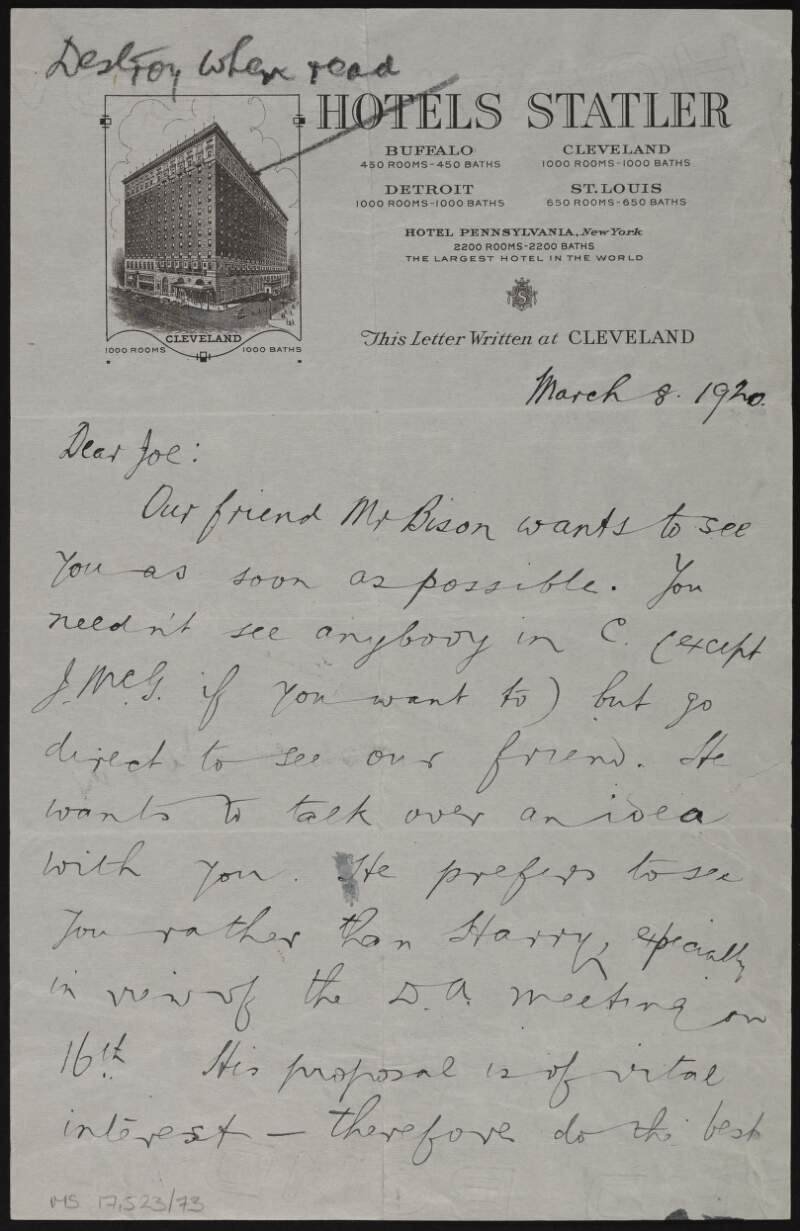 Letter from "Wexford" to Joseph McGarrity advising him that he will be in Cincinnati and Cleveland,  and that "Mr. Bison" wants to see McGarrity,