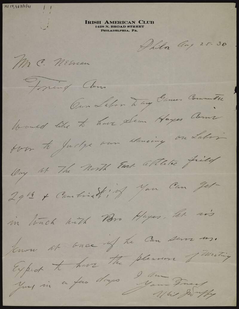 Letter from Neil J. Duffy to Cornelius F. Neenan, asking for the latter to get in touch with Stephen Hayes to invite him as a judge for a dancing event,