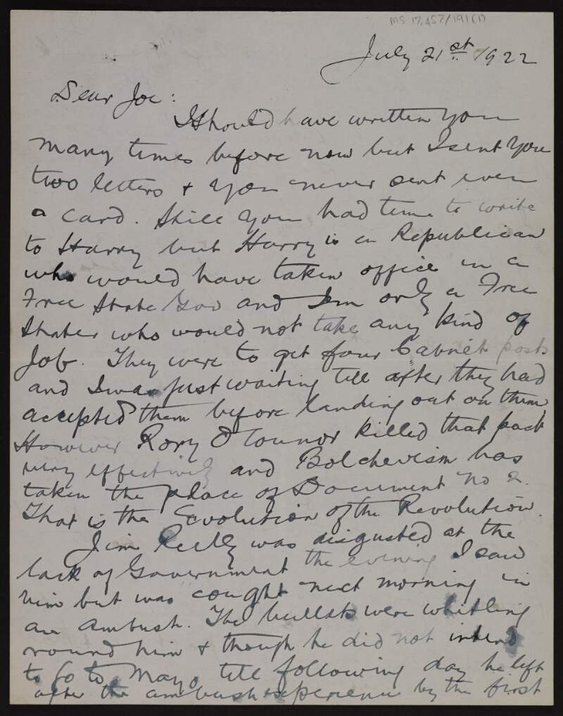 Letter from Patrick McCartan to Joseph McGarrity stating that "Bolchevism has taken the place of Document no 2" and deploring the "fight of brother against brother",
