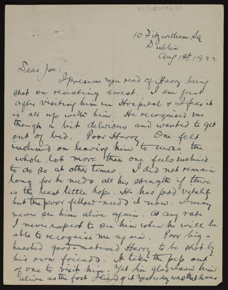 Letter from Patrick McCartan to Joseph McGarrity informing him that Harry Boland was "shot by his own friends" and is delirious in hospital,