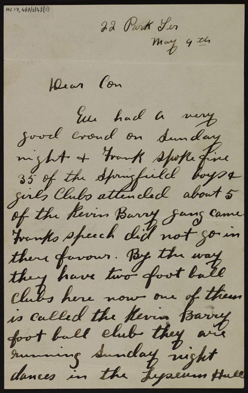Letter from Jim Flannery to Cornelius F. Neenan about the "good crowd" they had where Frank [Ryan] spoke, with members of the rival "Kevin Barry gang" disliking the speech, with further mention of tensions between different Irish-American groups, and with a list of entertainers to give to "Frank" [Ryan] for publication,