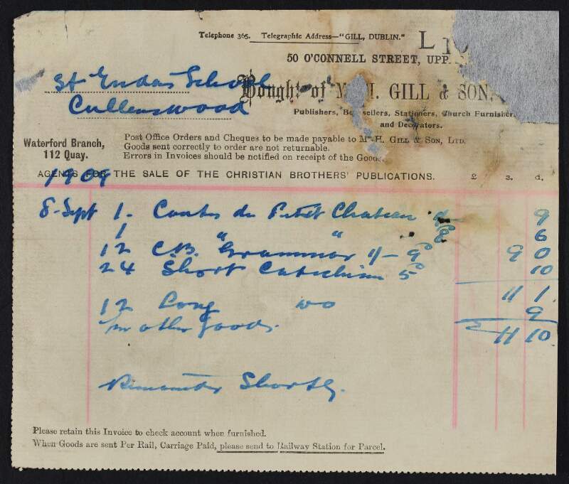 Receipts from M. H. Gill & Son, Ltd., to Padraic Pearse for the purchase of schoolbooks for the pupils of St. Enda's School,