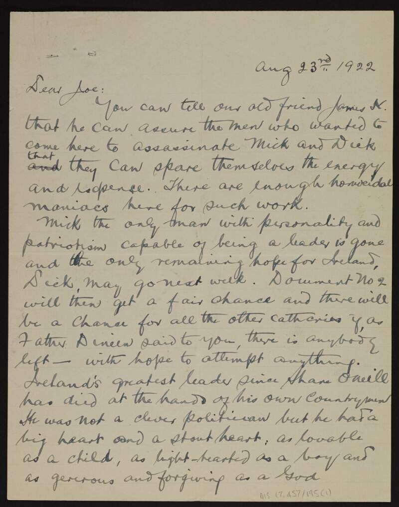 Letter from Patrick McCartan to Joseph McGarrity imparting the news of Michael Collins' death and confidential information regarding the negotiations Collins was involved in,