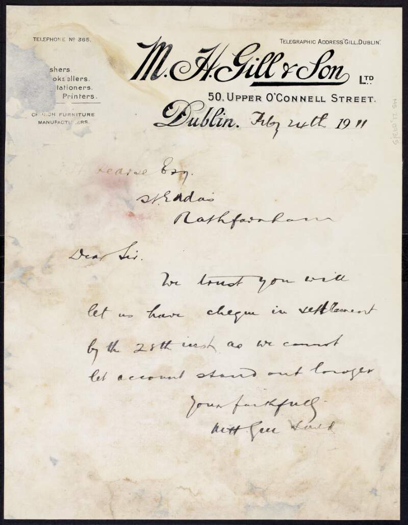 Letter from M. H. Gill & Son, Ltd., to Padraic Pearse requesting a cheque to settle his account by the 28th of that month,