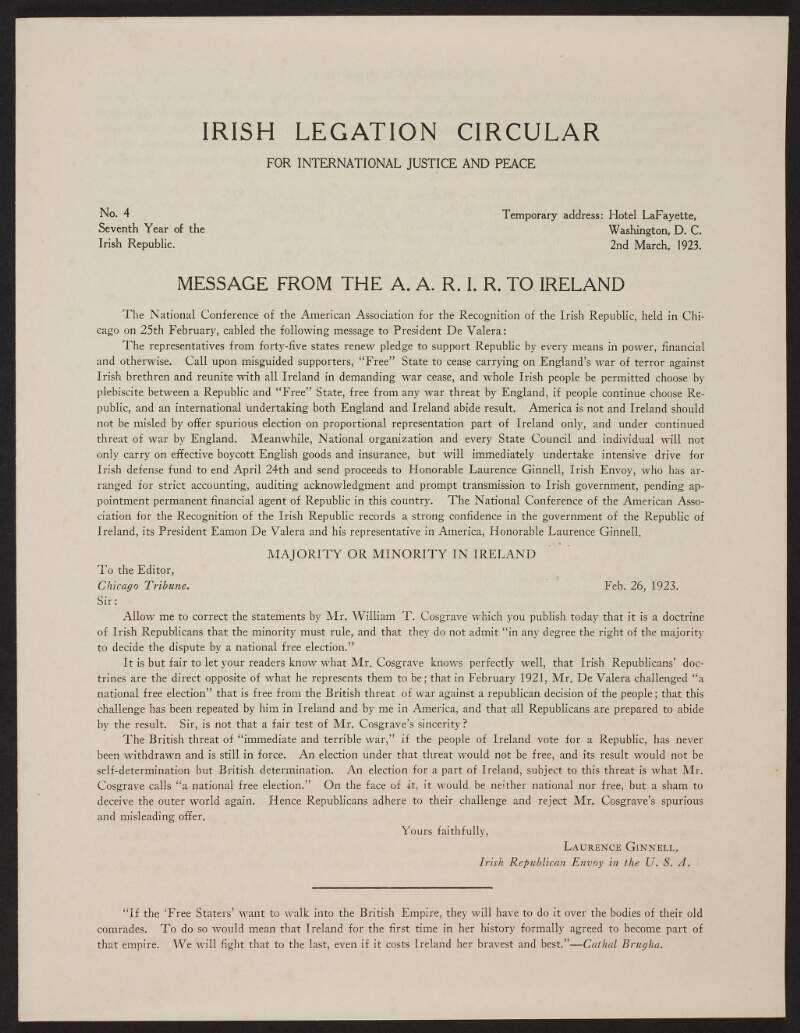 Irish Legation Circular for International Justice and Peace, Washington D.C., No. 4 Seventh Year of the Irish Republic,