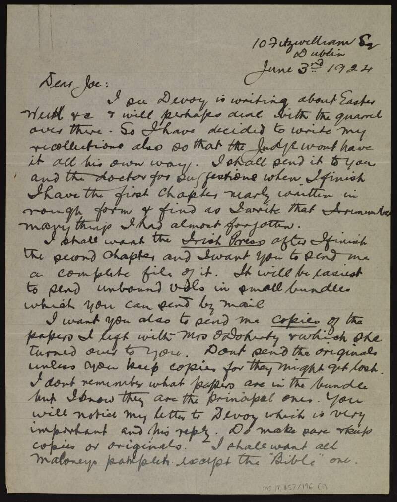 Letter from Patrick McCartan to Joseph McGarrity concerning the writing of his recollections,