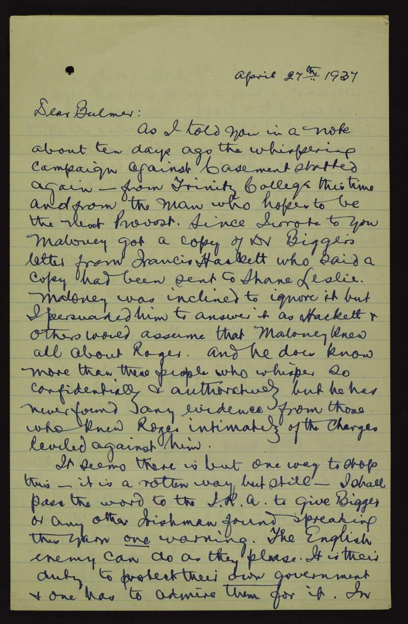 Letter from Patrick McCartan to Bulmer Hobson regarding the "whispering campaign" against Roger Casement accusing him of homosexuality, and about contacting the IRA to to put a stop to it,