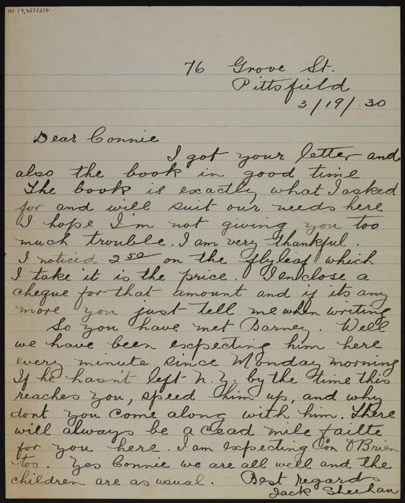 Letter from Jack Sheehan to Cornelius F. Neenan, thanking him for the book and discussing a mutual acquaintance, "Barney",