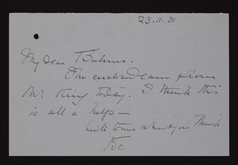 Letter from Ada McNeill to Bulmer Hobson enclosing a letter from Travers W. King regarding the inscription on Sir Roger Casement's father's tombstone,