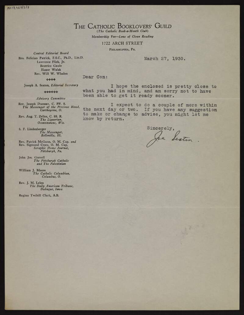 Letter from Joseph A. Sexton, editorial secretary to 'The Catholic Booklovers' Guild', to Cornelius F. Neenan, sending him an enclosed item [not extant] that he hopes is what the latter had in mind,