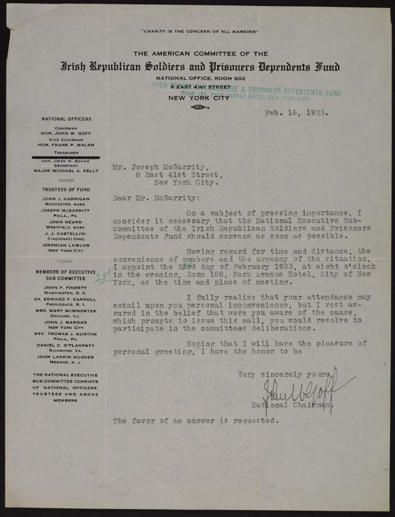 Letter from John W. Goff to Joseph McGarrity requesting his presence at a meeting of their National Executive Sub-Committee,