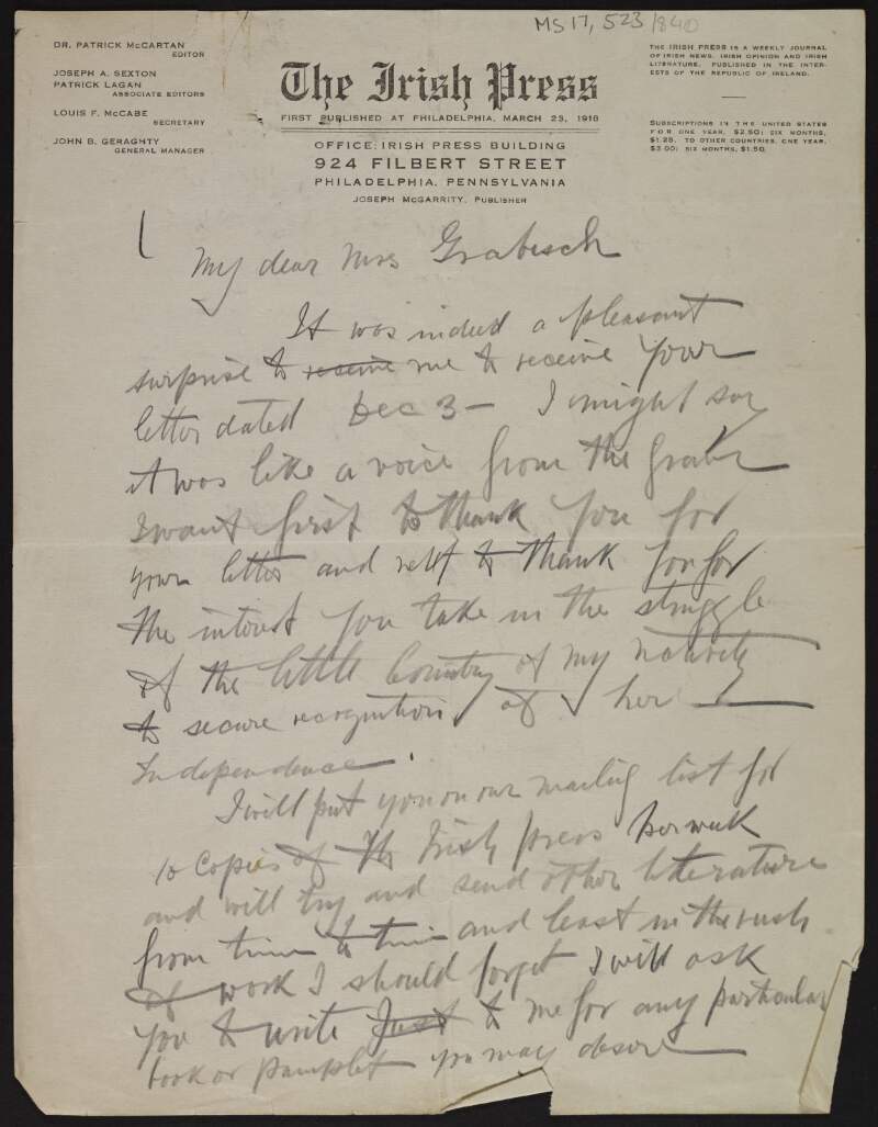 Draft letter from Joseph McGarrity to Agatha Bullitt Grabisch promising to send her copies of 'The Irish Press', asking for information on the German sailors involved with the 'Aud', and the death of a friend,