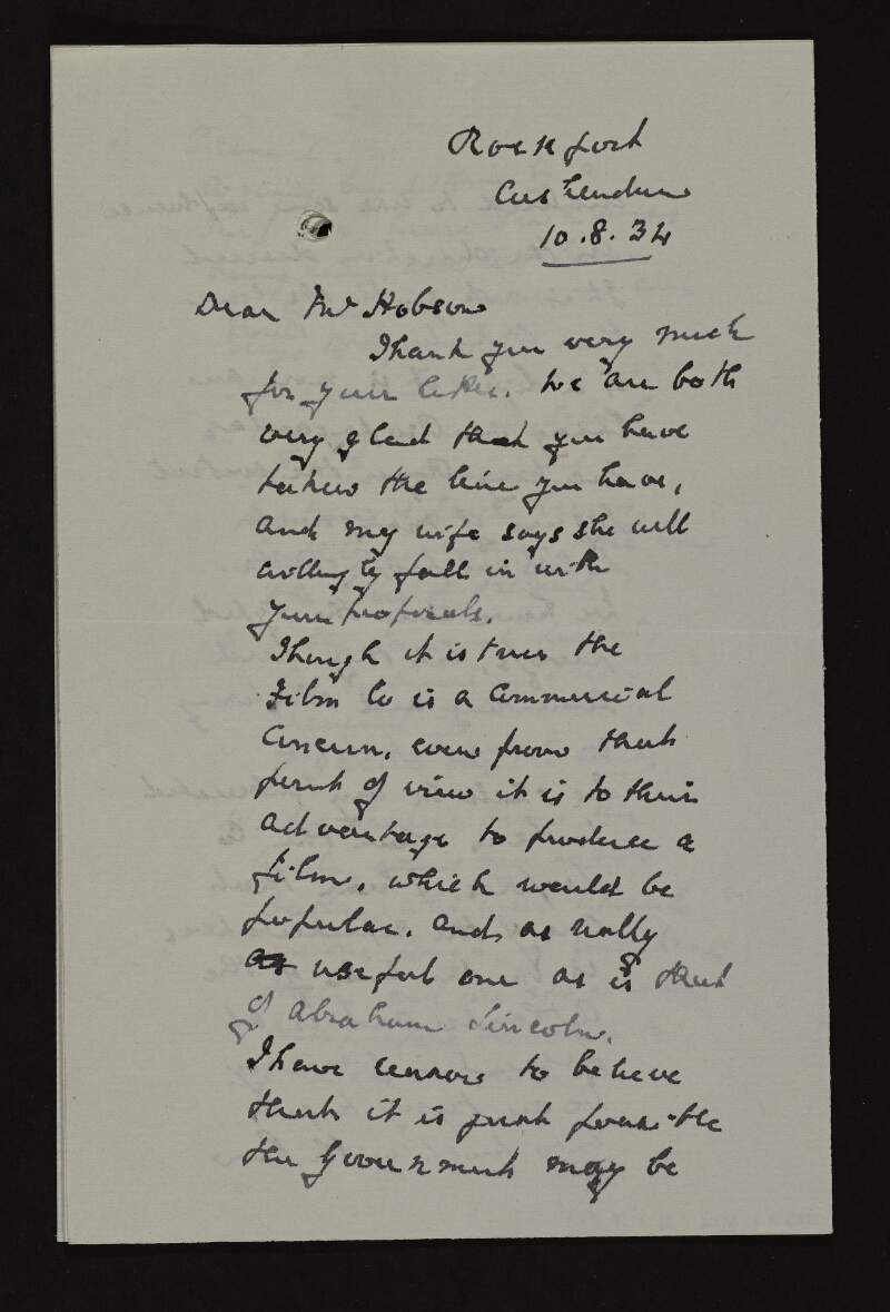 Letter from M. Sidney Parry to Bulmer Hobson listing scenes from from a proposed film being made about Roger Casement's life and describing them,