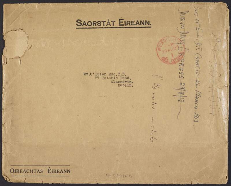Envelope inscribed with "O'Brien's notes on strike",