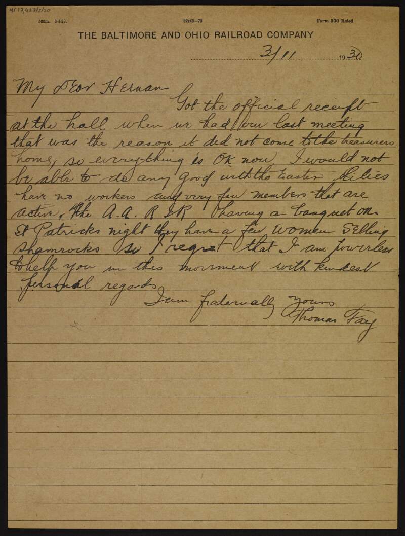 Letter from Thomas Fay to "Heenan" saying that he has found the receipt, and the lack of workers to sell the Easter lillies,