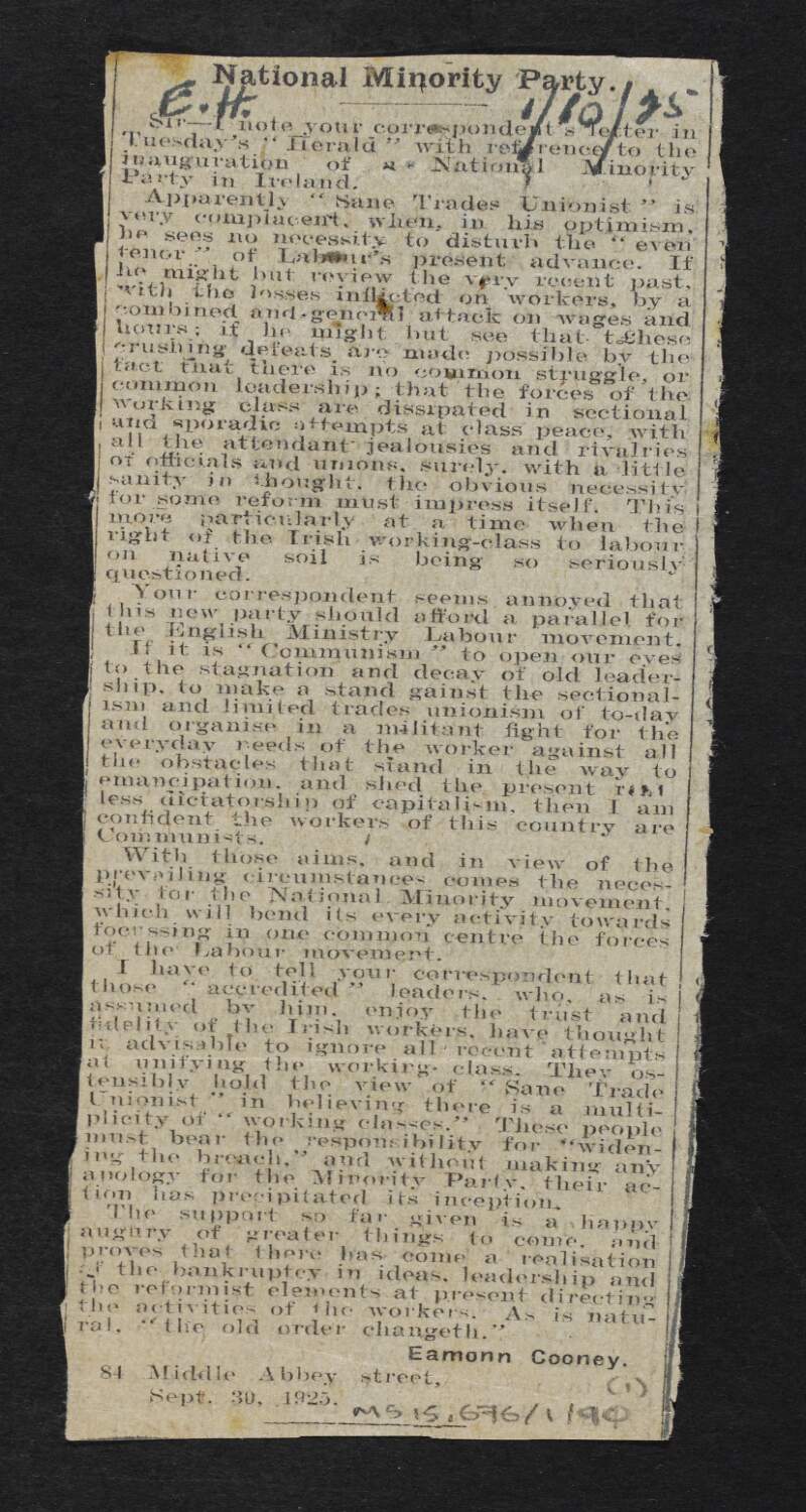 Newspaper cuttings concerning a "National Minority Movement" in Irish labour,