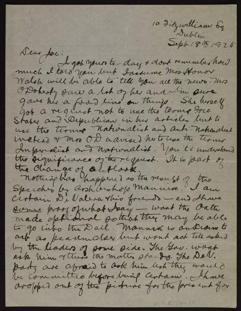 Letter from Patrick McCartan to Joseph McGarrity giving him a detailed account of the political situation in Ireland, which is "clear as mud", and giving his opinion on some of the political players, including Éamon De Valera and Constance Markievicz,