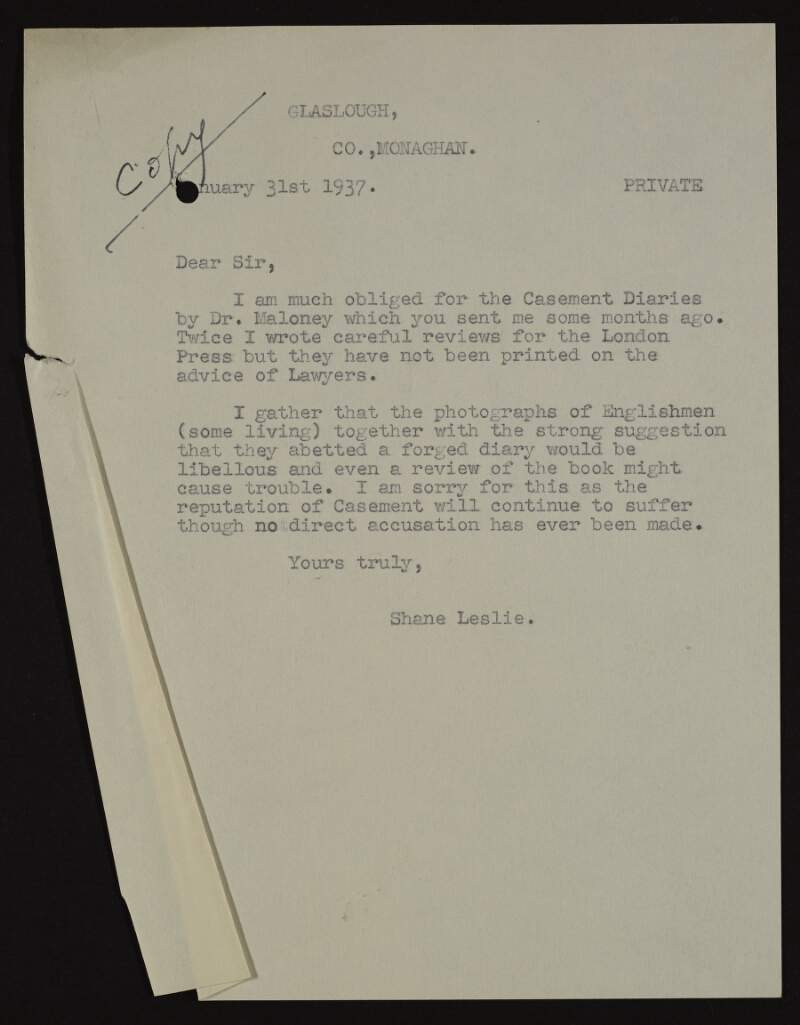 Letter from Shane Leslie to Bulmer Hobson informing him that reviews of 'The Forged Casement Diaries' have not been published upon the advice of lawyers as they could be perceived as libellous,