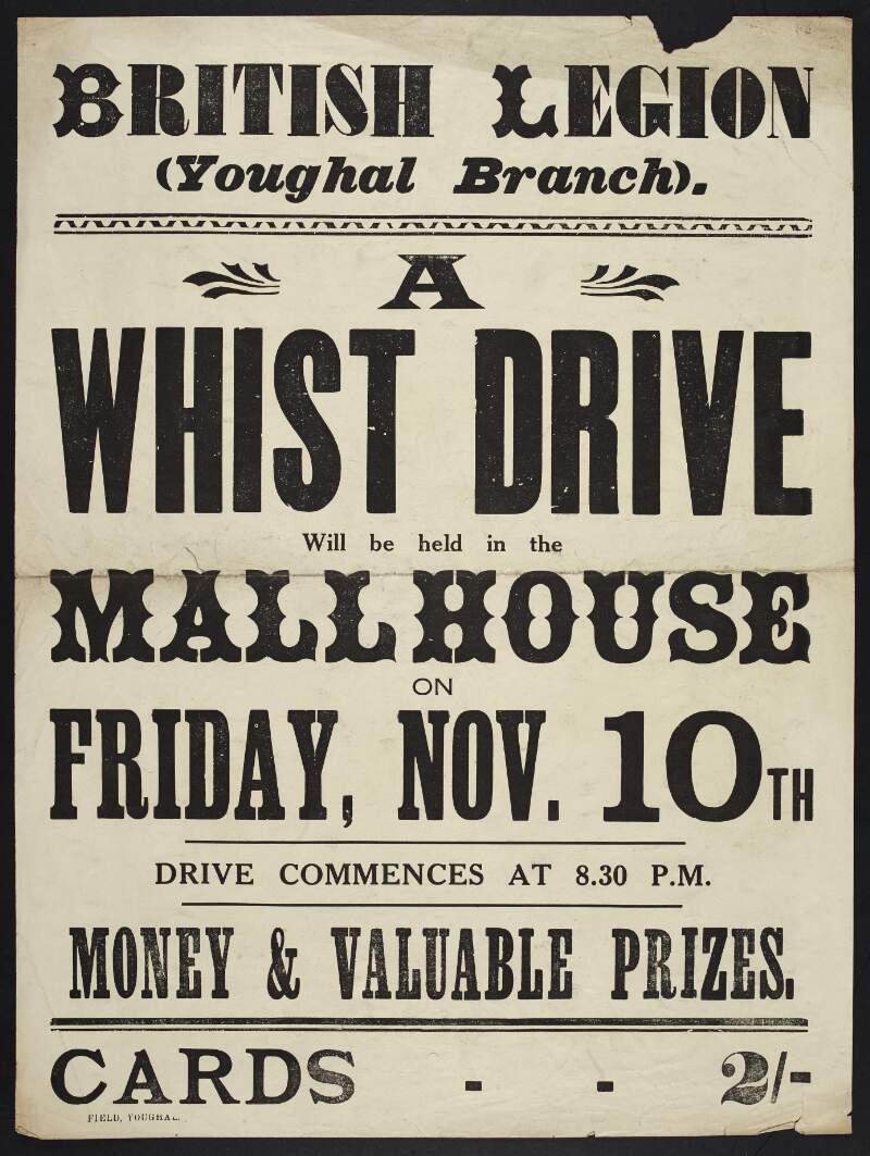 British Legion (Youghal branch): a whist drive will be held in the Mall House on Friday, Nov 10th