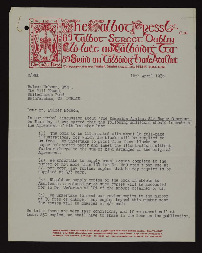 Letter from W. G. Lyon, Talbot Press, to Bulmer Hobson listing additions that should be made to the agreement for the publication of 'The Forged Casement Diaries',