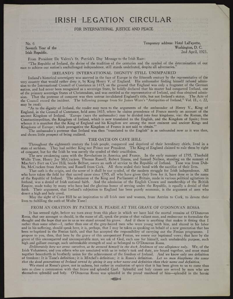 Irish Legation Circular for international justice and peace by Laurence Ginnell, regarding the oration of Padraic Pearse at the grave of O'Donovan Rossa, the De Valera-Collins pact on the Anglo-Irish Treaty and a test on the validity of treaties,