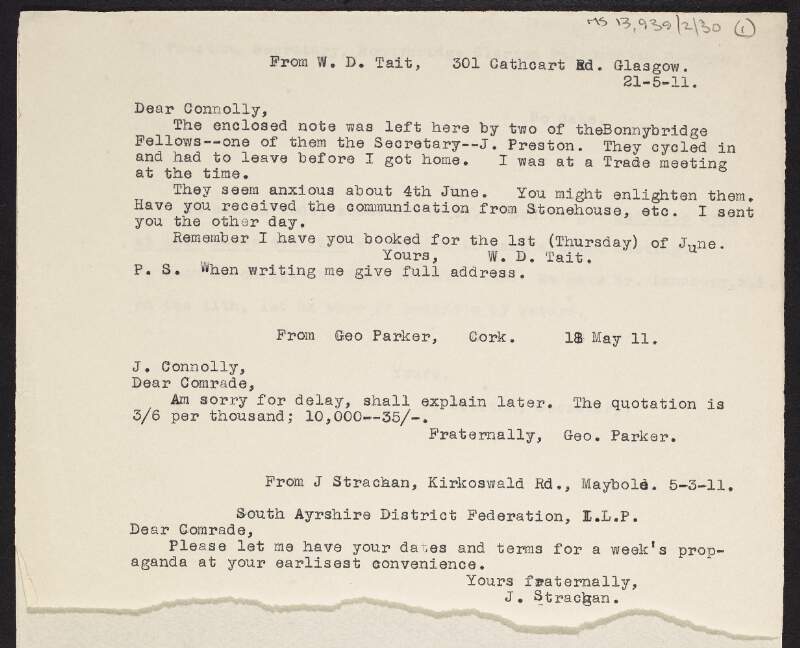 Copy of 3 letters to James Connolly, from William D. Tait forwarding a note from James Preston, from George Parker giving a quotation, and from J. Strachan regarding Connolly's availability,