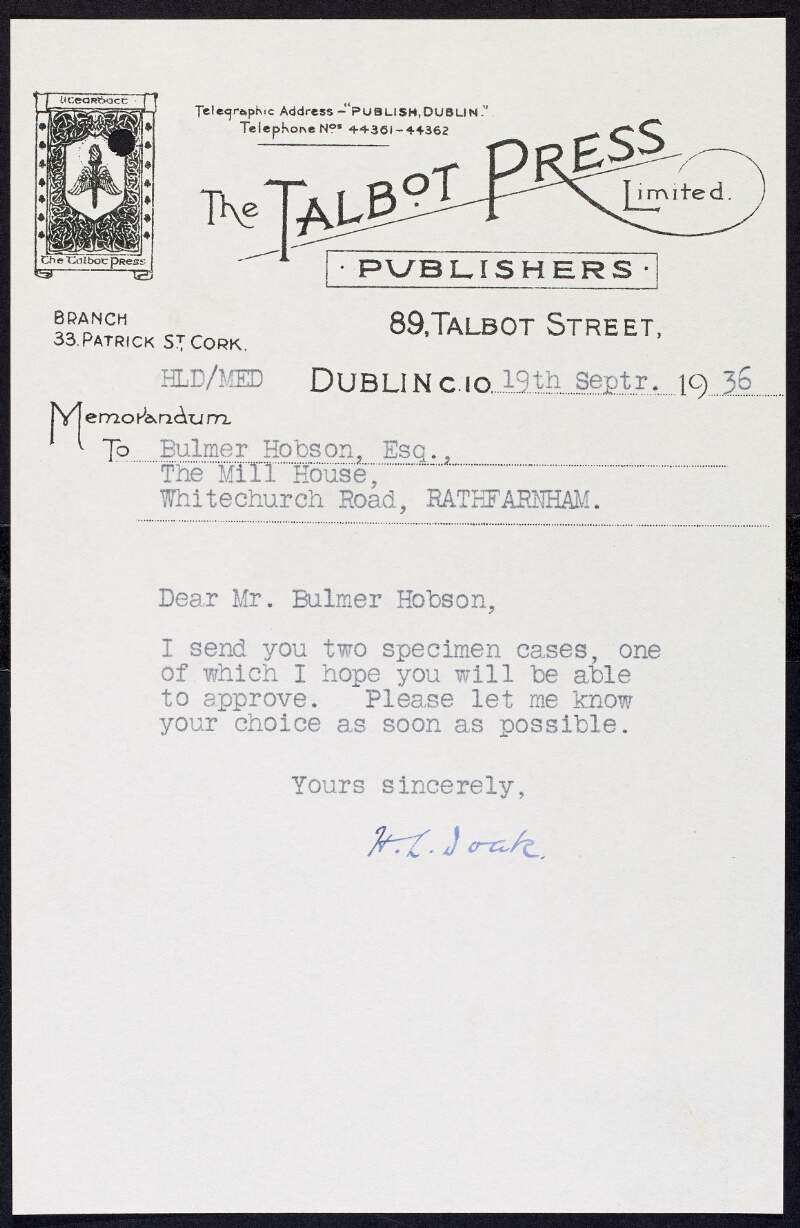 Letter from H. L. Doak, Talbot Press, to Bulmer Hobson enclosing "two specimen cases" [The Forged Casement Diaries],