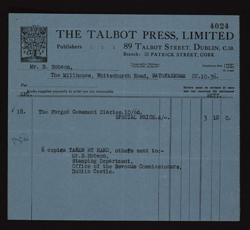 Receipts and invoices from the Talbot Press made out to Bulmer Hobson for expenses incurred for the publishing of 'The Forged Casement Diaries',
