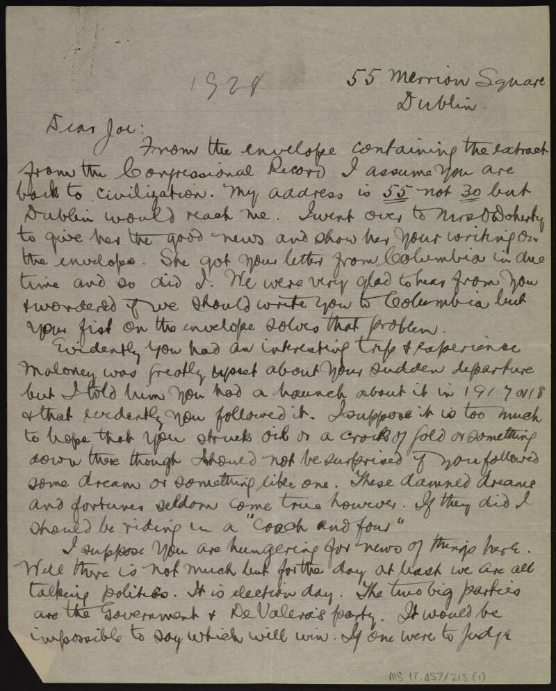 Letter from Patrick McCartan to Joseph McGarrity regarding the election taking place that day and predicting that Éamon De Valera might win,