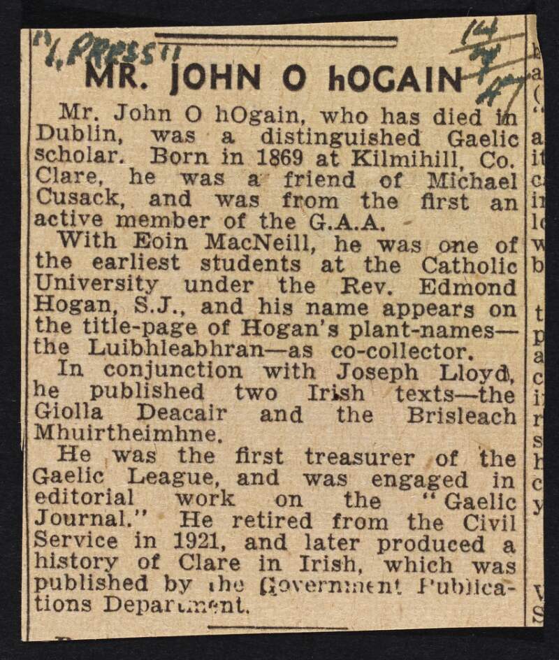 Newspaper cuttings regarding the Gaelic League, the Irish language revival, Irish poetry, and the Home Rule BIll in the Irish language,