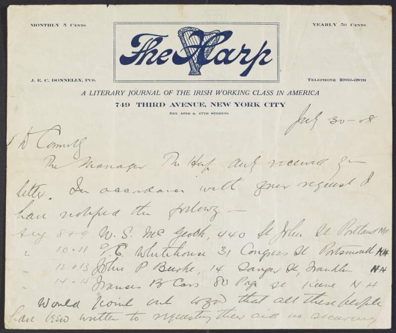 Letter from J.E.C. Donnelly to James Connolly regarding the arrangement of lecture dates for Connolly's tour in the United States and the printing and distribution of the socialist newspaper 'The Harp',